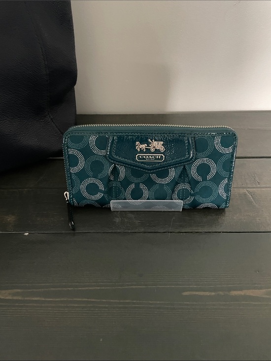 Coach Handbags - Coach vintage Teal Signature Zip-Around Wallet with Silver Hardware